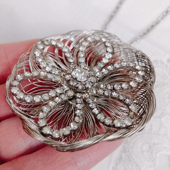 Large Wire Rhinestone Flower 2" Pendant Necklace, Extra Long 36" Chain - Picture 8 of 8